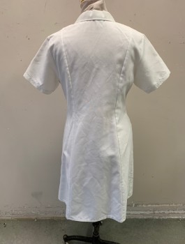 Womens, Nurses Dress, RED KAP, White, Poly/Cotton, Solid, B:38, Sz.8, Short Sleeves, Button Front, Notched Collar Attached, 2 Patch Pockets at Hips, Knee Length