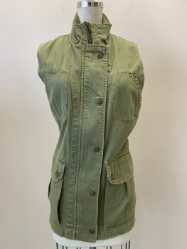 NO LABEL, Olive Green, Cotton, Solid, High Collar, Zip Front, Snap Button Front, 4 Pockets,