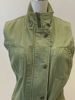 Womens, Vest, NO LABEL, Olive Green, Cotton, Solid, S, High Collar, Zip Front, Snap Button Front, 4 Pockets,
