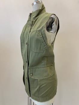 NO LABEL, Olive Green, Cotton, Solid, High Collar, Zip Front, Snap Button Front, 4 Pockets,