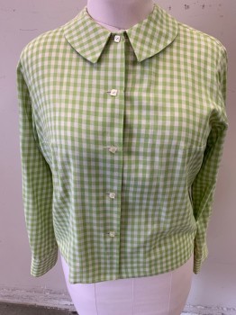 Womens, Blouse, N/L, Avocado Green, Cotton, Gingham, B:38, L/S, Rounded Collar, Square Buttons,