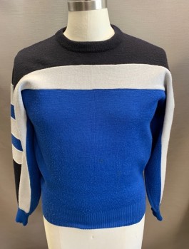 Mens, Sweater, OSSI SKIWEAR, Black, Gray, Royal Blue, Acrylic, Wool, Color Blocking, L S, C/N, *Stains On Front & Back See Detail Photo,
