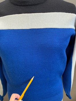 OSSI SKIWEAR, Black, Gray, Royal Blue, Acrylic, Wool, Color Blocking, L S, C/N, *Stains On Front & Back See Detail Photo,