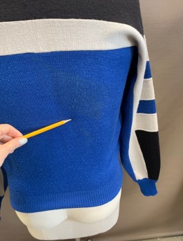 Mens, Sweater, OSSI SKIWEAR, Black, Gray, Royal Blue, Acrylic, Wool, Color Blocking, L S, C/N, *Stains On Front & Back See Detail Photo,