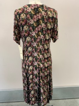 NOSTALGIA, Black, Mauve Pink, Red Burgundy, Cream, Olive Green, Rayon, Floral, S/S, B.F. Placket, Scoop Neck, Paneled Insets On Skirt With Different Floral Pattern,