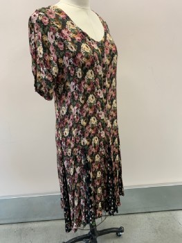NOSTALGIA, Black, Mauve Pink, Red Burgundy, Cream, Olive Green, Rayon, Floral, S/S, B.F. Placket, Scoop Neck, Paneled Insets On Skirt With Different Floral Pattern,