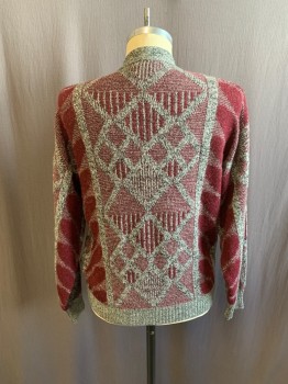 Mens, Sweater, COLORE, Red Burgundy, Lt Gray, Black, Acrylic, Wool, Abstract , 38-40, M, Cardigan, Knit, V-N, Button Front, L/S
