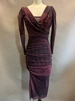 FUZZI, Red Burgundy, Black, Polyester, Plaid, Sheer Long Sleeves, Scoop Neck, Cross Drapes, Scrunched Sides,
