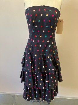 SPECIAL TIMES, Black with Multi-colored Polka Dots, Cotton, Strapless, Back Zip, 3 Tiered Self Ruffled Skirt