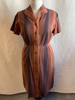 N/L, Burnt Orange, Brown, Cotton, Stripes, Squares, Dark Brown Stripes with Magenta, Peach, Maroon Clusters of Squares, Collar Attached, Short Sleeves, 9 Buttons Down Front, Pleated Skirt, Belt Loops, Mended Hole on Shoulder, Mended Hole Under Arm...