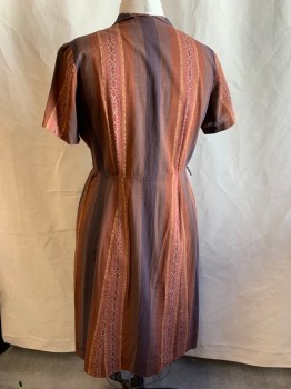 N/L, Burnt Orange, Brown, Cotton, Stripes, Squares, Dark Brown Stripes with Magenta, Peach, Maroon Clusters of Squares, Collar Attached, Short Sleeves, 9 Buttons Down Front, Pleated Skirt, Belt Loops, Mended Hole on Shoulder, Mended Hole Under Arm...