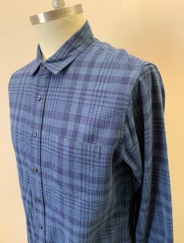 Mens, Casual Shirt, RAILS, Navy Blue, Blue, Cotton, Rayon, Plaid, L, Long Sleeves, Button Front, Collar Attached, 1 Patch Pocket