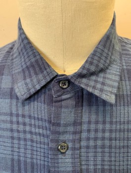Mens, Casual Shirt, RAILS, Navy Blue, Blue, Cotton, Rayon, Plaid, L, Long Sleeves, Button Front, Collar Attached, 1 Patch Pocket