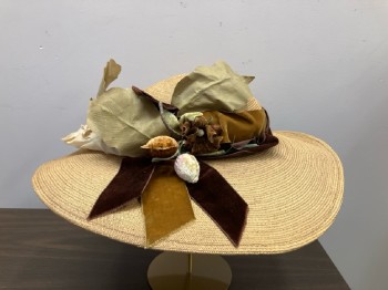N/L, Straw, Round Shallow Crown, Wide Brim, Ochre And Brown Velvet Ribbon Band And Bow Flower & Buds, Large Fabric Leaves And Calla Lily