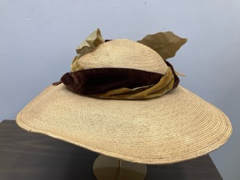 N/L, Straw, Round Shallow Crown, Wide Brim, Ochre And Brown Velvet Ribbon Band And Bow Flower & Buds, Large Fabric Leaves And Calla Lily