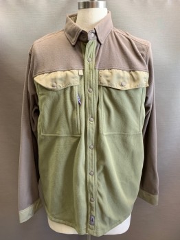 Mens, Casual Shirt, PATAGONIA, Beige, Olive Green, Polyester, Color Blocking, L, L/S, Snap Front, 2 Snap Flap Pocket, Front And Back Yoke, Nylon Cuffs, Flaps And Facings