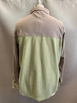 Mens, Casual Shirt, PATAGONIA, Beige, Olive Green, Polyester, Color Blocking, L, L/S, Snap Front, 2 Snap Flap Pocket, Front And Back Yoke, Nylon Cuffs, Flaps And Facings