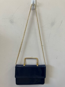 SAKS FIFTH AVE, Navy Patent Leather, Gold Hardware Handle, Gold Chain Strap