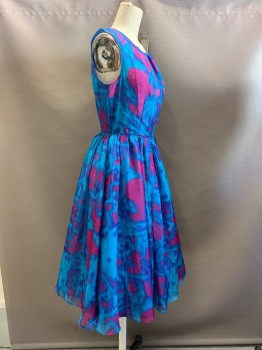 Womens, Evening Gown, Geode, Blue, Aqua Blue, Magenta Purple, Polyester, Abstract , W24, B32, Sleeveless, Crew Neck, Pleated Skirt, Back Zipper, Retro 1950's