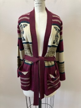 N/L, Wine Red, Cream, Dk Green, Stripes - Horizontal , Open Front, L/S, 2 Pockets, With Matching Belt