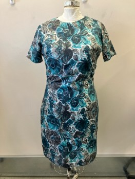 N/L, Turquoise/Black/Gray Brushy Floral, Round Neck S/S, Back Zip, Nylon, Lined