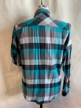 Mens, Casual Shirt, RUDE, Turquoise Blue, Gray, Lt Gray, Black, Cotton, Polyester, Plaid, M, Button Front, Long Sleeves, Collar Attached, 2 Pockets, Pilling and Aging on Back Collar and Cuffs