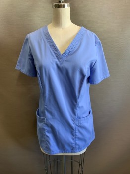 GREY'S ANATOMY, Lt Blue, Poly/Cotton, Solid, Pullover, V-neck, Self Stitching Along Neck, Short Sleeves, 2 Pockets,