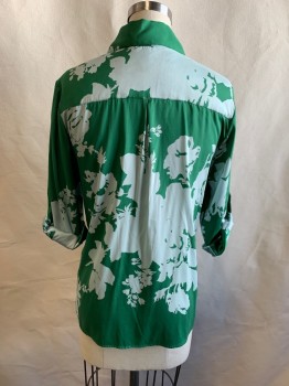 ALICE & OLIVIA, Green, Lt Gray, Silk, Spandex, Floral, C.A., Button Front, 3/4 Sleeve & L/S (Adj), Tabs & Button at Cuffs