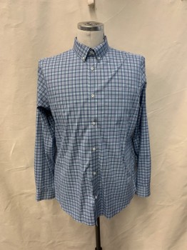 GAP, French Blue, Baby Blue, White, Cotton, Polyester, Plaid, Button Down Collar, Button Front, L/S, 1 Pocket, MULTIPLES