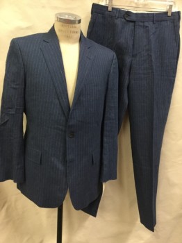 Mens, Suit, Jacket, BROOKS BROTHERS, Slate Blue, Beige, Linen, Stripes - Pin, 40R, Single Breasted, 2 Buttons,  3 Pockets, Notched Lapel, Unlined