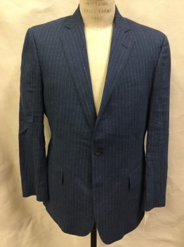 Mens, Suit, Jacket, BROOKS BROTHERS, Slate Blue, Beige, Linen, Stripes - Pin, 40R, Single Breasted, 2 Buttons,  3 Pockets, Notched Lapel, Unlined