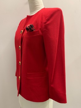 ALBERT NIPON, Cherry Red, Wool, Solid, L/S, Button Front, Crew Neck, 3 Pockets, Attached Pocket Square