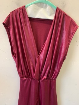 Womens, Jumpsuit, NO LABEL, Raspberry Pink, Nylon, Solid, Cap Sleeves, V Neck, Elastic Waist Band