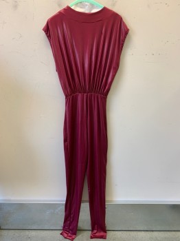 Womens, Jumpsuit, NO LABEL, Raspberry Pink, Nylon, Solid, Cap Sleeves, V Neck, Elastic Waist Band