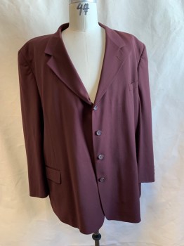 Vincenzo, Red Burgundy, Wool, Solid, Single Breasted, 4 Buttons, Notched Lapel, 3 Pockets,