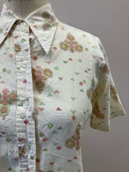 Womens, Shirt, N/L, B: 36, 14, Cream/ Multi-color, Geometric Shap And Floral Print, C.A., B.F., S/S