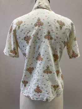 Womens, Shirt, N/L, B: 36, 14, Cream/ Multi-color, Geometric Shap And Floral Print, C.A., B.F., S/S