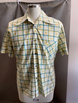 KONSUMENT, Yellow, Lt Blue, Cream, Synthetic, Plaid, Floral, S/S, Button Front, C.A., 1 Pocket,