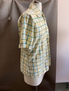 KONSUMENT, Yellow, Lt Blue, Cream, Synthetic, Plaid, Floral, S/S, Button Front, C.A., 1 Pocket,