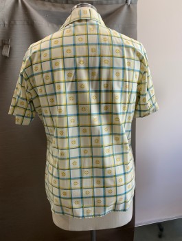 Mens, Casual Shirt, KONSUMENT, Yellow, Lt Blue, Cream, Synthetic, Plaid, Floral, L, S/S, Button Front, C.A., 1 Pocket,