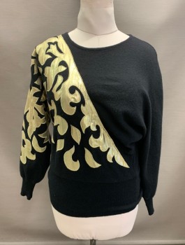 Womens, Sweater, OUTLANDER, Black, Gold Metallic, Wool, Angora, B <38", S, Knit, Gold Lamé Appliques, Pullover, Dolman Sleeves, Round Neck,  Fitted Rib Knit Waistband And Cuffs