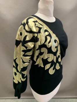 Womens, Sweater, OUTLANDER, Black, Gold Metallic, Wool, Angora, B <38", S, Knit, Gold Lamé Appliques, Pullover, Dolman Sleeves, Round Neck,  Fitted Rib Knit Waistband And Cuffs