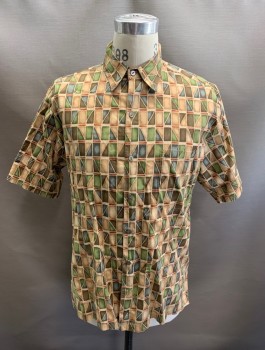 TORI RICHARD, Tan Brown, Brown, Emerald Green, Blue-Gray, Cotton, Rectangles, Diamonds, S/S, Button Front, Chest Pocket, Gray Pearl Buttons
