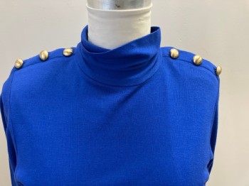 NL, Royal Blue, Polyester, Solid, L/S, Back Zip, Elastic Waist, Turtleneck, 3 Gold Dome Buttons On Shoulders, 2 Side Pckts