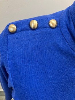 NL, Royal Blue, Polyester, Solid, L/S, Back Zip, Elastic Waist, Turtleneck, 3 Gold Dome Buttons On Shoulders, 2 Side Pckts