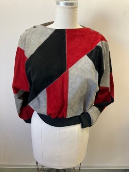 DEERSKIN, Wine Red, Black, Gray, Leather, Color Blocking, Pull On, Soft Suede Patchwork, Boat Neck with Snap Openings At Both Shoulders, Rib Knit Cuffs And Waistband, Small Signs Of Wear