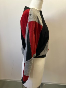 DEERSKIN, Wine Red, Black, Gray, Leather, Color Blocking, Pull On, Soft Suede Patchwork, Boat Neck with Snap Openings At Both Shoulders, Rib Knit Cuffs And Waistband, Small Signs Of Wear
