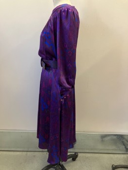 ADRIAN AVERY, Purple, Magenta Pink, Royal Blue, Polyester, Paisley/Swirls, Geometric, Boat Neck, Pull On, Back Zip, Shoulder Pads, Quilted Pointed Front Bib, L/S with Quilted Cuffs And Button Loop Closures, Elastic Waist, Belt Loops, 1/4 Circle Skirt, 2 Hip Pckt, MATCHING BELT