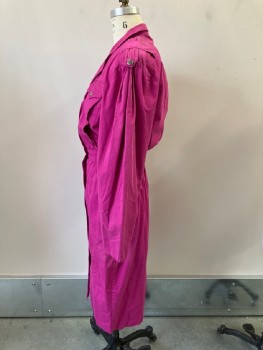 N/L, Fuchsia Pink, Cotton, Solid, B.F., Shirt Dress, DB. Bodice, Notched Lapel, Knife Pleated Epaulets & Flaps Of Breast Pkts, Yoke, Shoulder Pads, Pleated Sleeve Caps, L/S, Inset Waistband with Button Tab Decoration, Elastic Back Waist, 2 Pckts, Straight Skirt To Below Knee