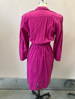 N/L, Fuchsia Pink, Cotton, Solid, B.F., Shirt Dress, DB. Bodice, Notched Lapel, Knife Pleated Epaulets & Flaps Of Breast Pkts, Yoke, Shoulder Pads, Pleated Sleeve Caps, L/S, Inset Waistband with Button Tab Decoration, Elastic Back Waist, 2 Pckts, Straight Skirt To Below Knee